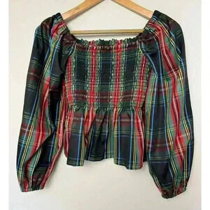 J. Crew Factory Plaid Smocked Blouse - Red, Green, Blue